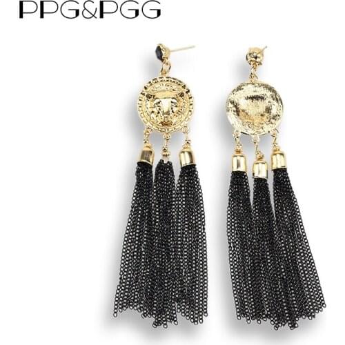 PPG&PGG Punk Luxury Gold Color Tassel Stud Earring For Women Party Jewelry Black Chains Long Earring