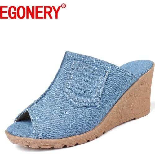 EGONERY Women summer New Style Slipper Slope Heel Leisure Sandals Peep Toe Concise Comfortable ventilation cloth shoes