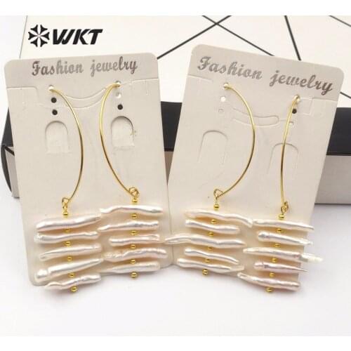 WKT WT-E520 Natural Pearl Statement Earring Gold Semi-open Ellipse Metal Hoop With Random Size Strip Pearl Earrings For Wedding