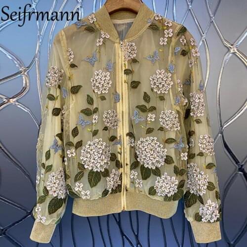 Seifrmann New 2021 Autumn Women Fashion Designer Mesh Jacket Lantern Sleeve Gorgeous Beading Embroidery Chiffon Coats Overcoat
