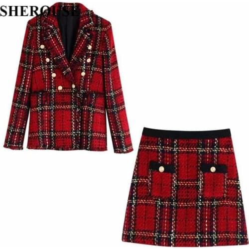 2021 New Spring Women 2 pieces Set Plaid Button Long Sleeve V-Neck Coat Mini Skirt Suit Female Fashion Casual Women Clothes