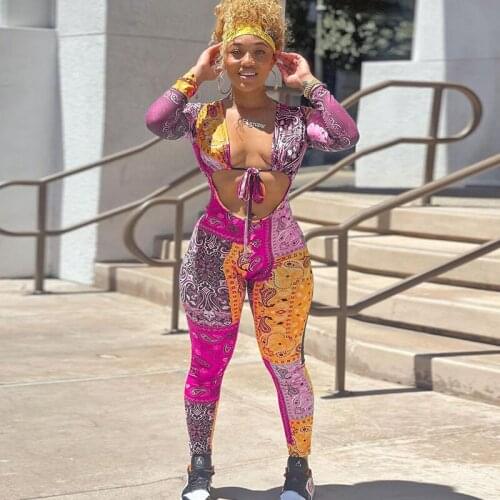 Streetwear Bandana Print Bodycon Jumpsuit Women Long Sleeve V-neck Lace-up Hollow Out Skinny Romper Party Club One Piece Outfits