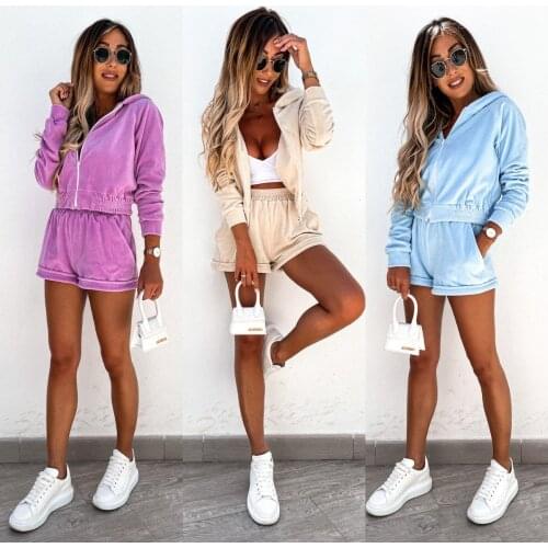 2021 Women 2019s 2 Piece Fall Outfits Long Sleeve Solid Color Zip Up Hoodie + Wide Leg Shorts Set For Music Festival Dating