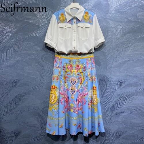 Seifrmann New 2021 Summer Women Fashion Runway Skirts Set Lantern Sleeve Pockets Blouses + High Waist Print A-Line Skirts Suits