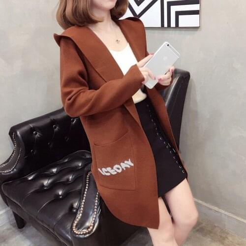 2018 Polyester Real De Inverno Feminina Autumn New Cardigan Fund Hat Knitting Loose Coat Woman Korean Long Sleeve The Sweater