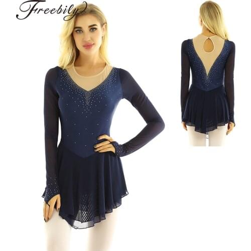 Adult Long Sleeve Fingertip Shiny Rhinestones Figure Ice Skating Dress Women Ballet Gymnastics Leotard Competition Dance Costume