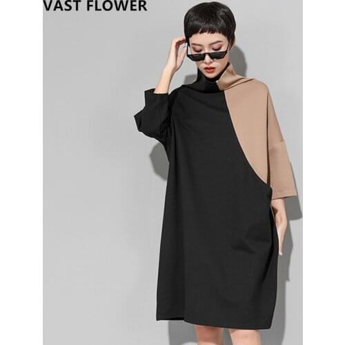 Women Plus Size Contrast Color Dress Long Sleeve Turtleneck Patchwork Loose Elegant Clothes Ladies Dresses Spring Winter 2020