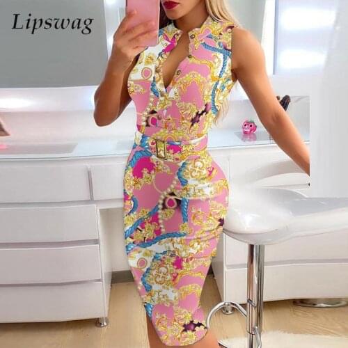 Women 2021 Ladies Sexy Dress Elegant Sleeveless Slim Party Dress New Style Fashion Floral Print Knit Button Design Skinny Dress