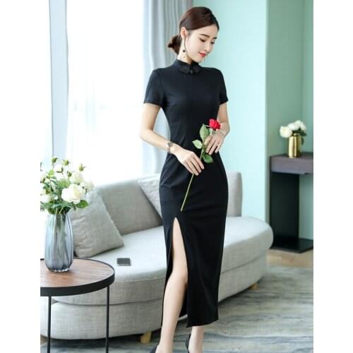 Female Chinese Style Traditional Cheongsam Elegant Dress Modern Summer Womens Clothes Black Qipao Long Party Evening Sexy Dress