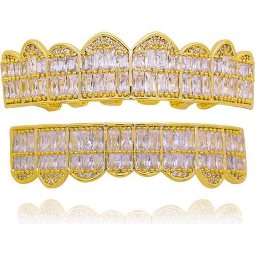 Hip Hop Teeth Grillz 2 Colors Iced Out AAA Zircon Top & Bottom Tooth Set For Men Women Gifts Fashion Grillz Jewelry