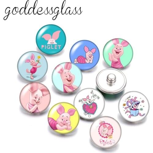 Disney Pooh Friends Piglet Cute Pig 10pcs Round photo glass 18mm snap buttons for 18mm snap bracelets jewelry