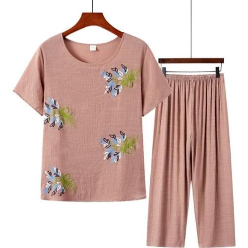 2021 Cotton Linen Summer Plus Size Loose Casual Two-piece Retro Printed T-shirt + Pants Suits 2 Piece Sets Womens Outfits Y172