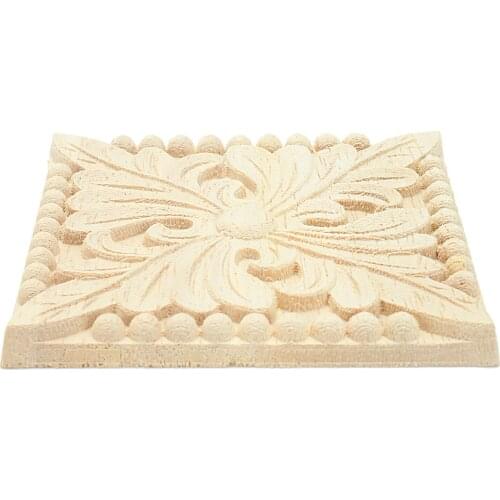 Natural Wood Appliques Square Flower Carving Decals Decorative Wooden Mouldings for Cabinet Door Furniture Decor Craft