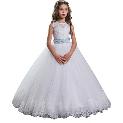 White Lace Princess Flower Girl Dresses Ball Gown First Communion Dresses For Girls Sleeveless Tulle Pageant Gown
