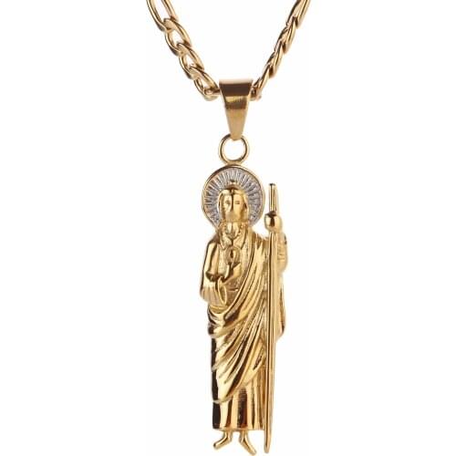 Mens Stainless Steel SAINT JUDE THADDEUS Jesus Medal Gold Pendant Necklace with 3:1 NK Chain 24 Inch