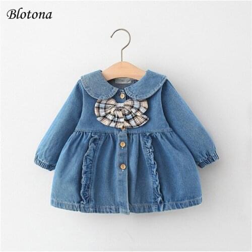 Blotona Little Girls Denim Dress, Doll Collar Plaid Bow Decoration Lace Splicing Long Sleeve Front Button Princess Skirt, 6M-4Y