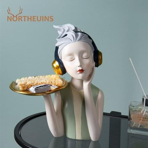NORTHEUINS Resin Girl With Headphones Tray Storage Figurines Nordic Living Room Desktop Sculpture For Interior Home Decoraiton