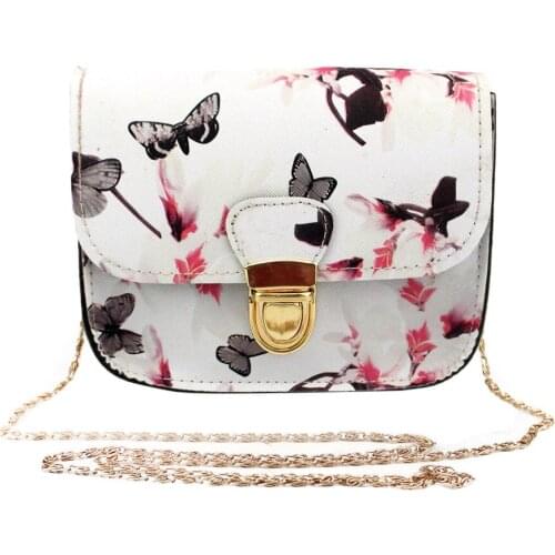 Women Hot Butterfly Flower Printing Chains Pu Leather Messenger Bag Girl Elegant Shoulder Bag Fashion Purse