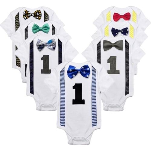 Baby Boy Summer Romper 1 Year Birthday Clothes Toddler Boy Cotton Letter Print Bowtie Bodysuit Infant 3 6 9 12 Months Jumpsuit