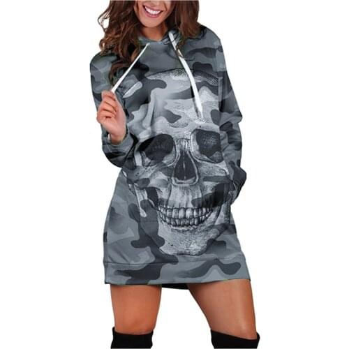Fashion Autumn Winter Women Long Sleeve Casual Hooded Camouflag Skull Print Mini Dress Casual Pullover 2021 New Female Hoodies