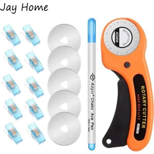 45mm Rotary Cutter Kits with Replacement Blades & Plastic Sewing Clips & Tailors Marker Pen for Quilting Fabric Leather Cutting