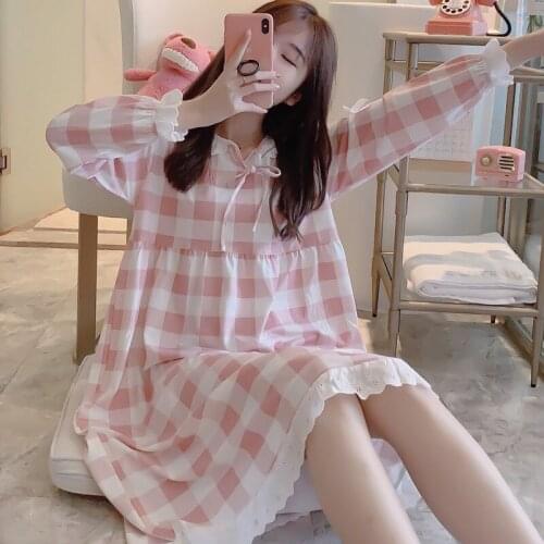 SLPBELY Women Nightdress Nightgown Spring Summer Cotton Plaid Cartoon Lovely Long Sleeved Nightshirt Loose Sleepwear Homewear