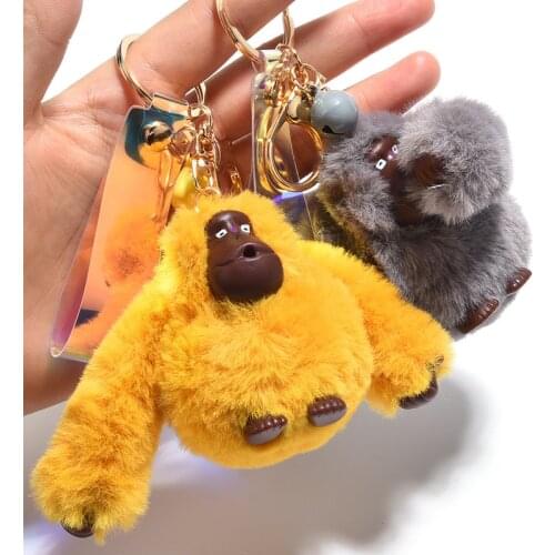 New Cartoon Rabbit Fur Fluffy Keychain Gold Color Pom Pom Key Chain Bag Charms Gorilla Key Chain Women Car Keyring Holder