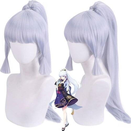 Genshin Impact Wig with Ponytail Kamisato Ayaka Cosplay Silver Hair 70cm Long Heat Resistant Wigs Men Women Role Play Costume