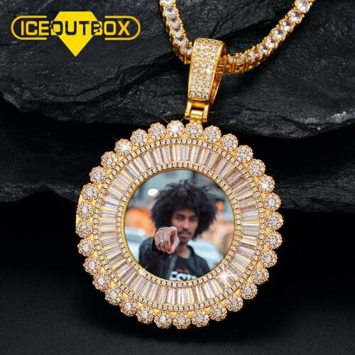 ICEOUTBOX New Design Custom Made Photo Pendant Solid Round Baguette Memory Picture Necklace Cubic Zircon Mens Hip Hop Jewelry