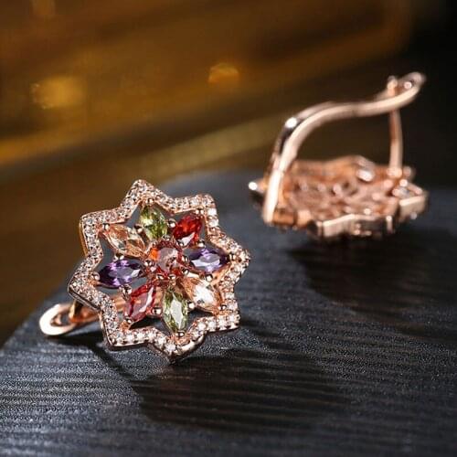 HUAMI Ins Hot Sale Crytals Stud Earrings Flower Coloful Rose Gold Earrings 2CM Zircon Fashion Jewelry for Women 2021 Aros Mujer