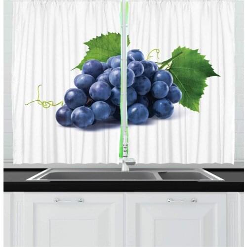 Dark Violet Fern Green Blue White Kitchen Curtains Fresh Fruit Associated Bunch Grapes Image Plain Backdrop Window Drapes