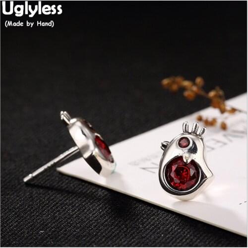 Uglyless MINI Bird Stud Earrings for Women Red Crystals Studs Handmade 100% Real Solid 925 Silver Fine Jewelry Brincos Bijoux