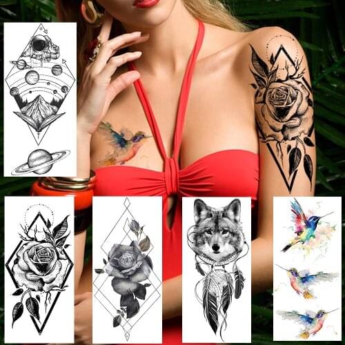 DIY Flower Temporary Tattoos Sticker Fake Geometric Rose Wolf Hummingbird Tatoos For Women Men Body Art Painting Arm Chest Tatoo