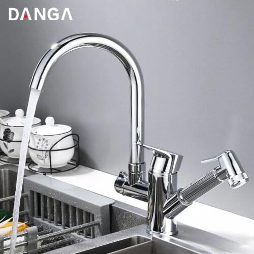 Brass Kitchen Faucet Bathroom Mixer Pull-out Round Hot and Cold Sink Faucet with Spray Gun Single Handle Washbasin Water Tap