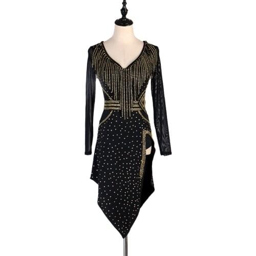 High Quality Latin Dance Wear Women Sexy Golden Rhinestone Tassel Professional Salsa Dancing Dresses Robe Danse Latine DL4560