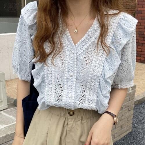 2021 Sweet Women Tops Summer Lace Shirt Ruffle Clothes V-Neck Hollow Crochet Loose Blouse Short Sleeve Shirt and Blouse 14821