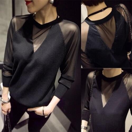 Women Sexy Blouse Knitted Mesh Patchwork Tops Shirts Women Spring Pullovers Knitted Slim Black