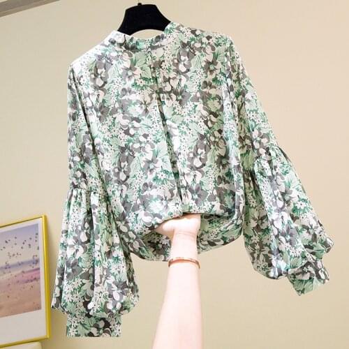 Floral Chiffon Women Blouse Summer New 2021 O-Neck Lantern Sleeved Loose Elegant Office Lady Pulls Outwear Tops