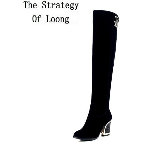 Women Autumn Winter Thick High Heel Nubuck Leather Side Zip Embroidery Chinese Style Round Toe Over The Knee Boots 34-40 SXQ0812
