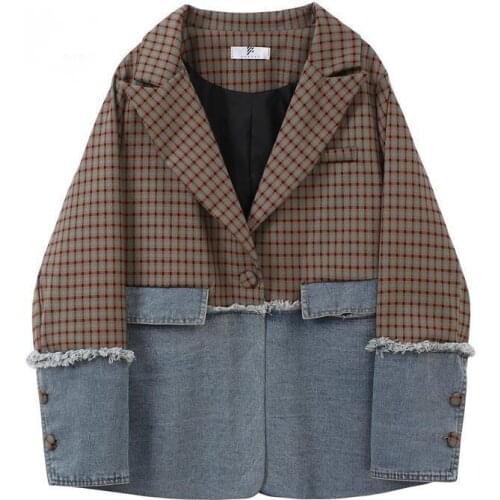 Womens Blazers Plaid Spliced Fad Autumn Winter Korean Vogue Casual Long Sleeve Loose Single Breasted Suit Jacket Women Tops