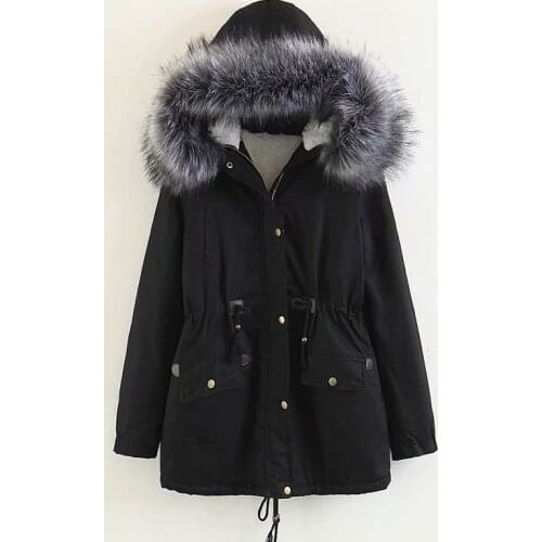 Female 2019 New Korean Version Parker Coat Waist Wash Drawstring Large Fur Collar Womens Cotton Suit Autumn Winter Long Section