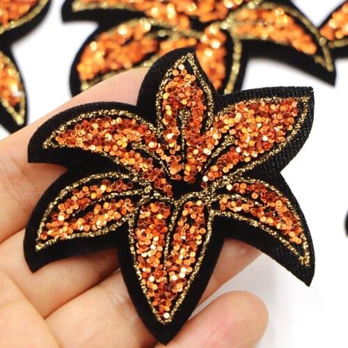 5PCS/lot 6CM ORG Sequin Flowers Patches Iron On Embroidery Rhinestone Applique For Women Kids Clothes Hats Dress Bags Patches