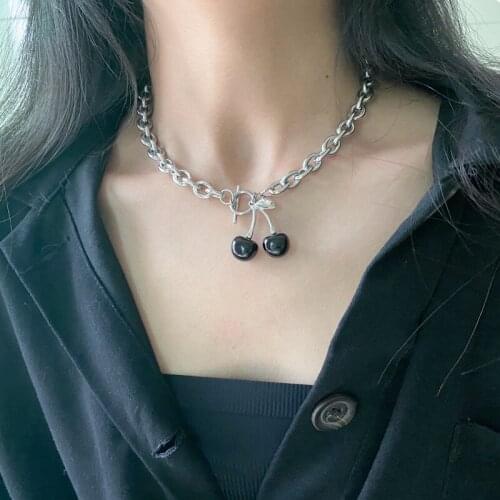 Black cherry necklace female Choker retro Harajuku style OT collarbone chain pendant titanium steel non-fading chain