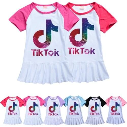 TIK TOK Princess Children Girls Dress Clothes Cartoon Print T-shirt Color Matching Pink White Ruffle SweatShirt Dress