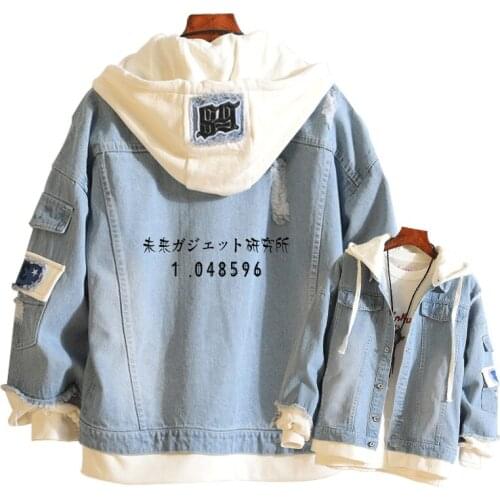 Game Steins;Gate Harajuku Hoodies Anime Demin Jacket Boys Jeans Windbreaker Fake two pieces Streetwear Autumn Women Sweatshirt