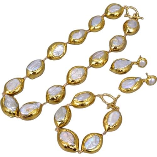GG Jewelry Natural Cultured Baroque Keshi Pearl Necklace Keshi Pearl Golden Plated Bracelet Earrings Sets Classic For Women