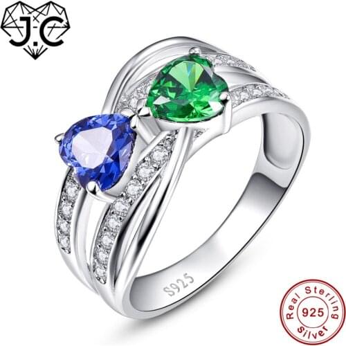 J.C Heart Cut Emerald Ruby Spinel Sapphire Pink Topaz Real 925 Sterling Silver Ring Size 6 7 8 9 Love Heart Wedding Fine Jewelry