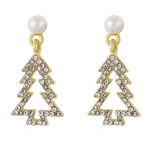 Creative Hollow Christmas Tree Xmas Accessories Earrings Cute Crystal Pearl Pendant Jewelry Gift
