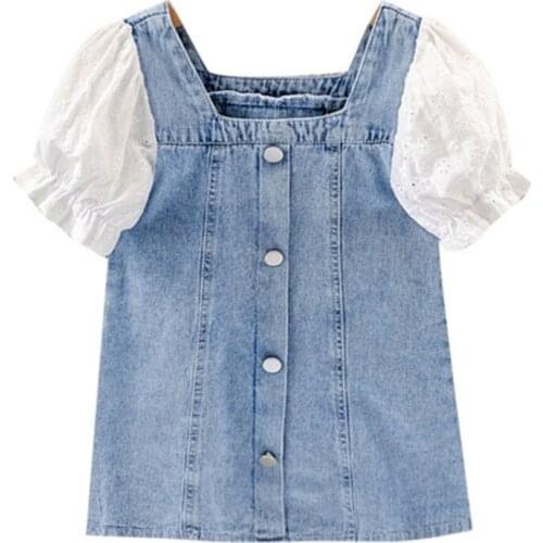 Hollead Girl Summer Puff Sleeve Denim Dress Square Collar Korean Style Jeans Girls Dresses Party Wedding Toddler Kid Clothing