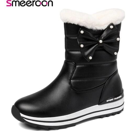 Smeeroon new arrival women winter warm snow boots round toe dress party shoes slip on ladies ankle boots butterfly knot boots